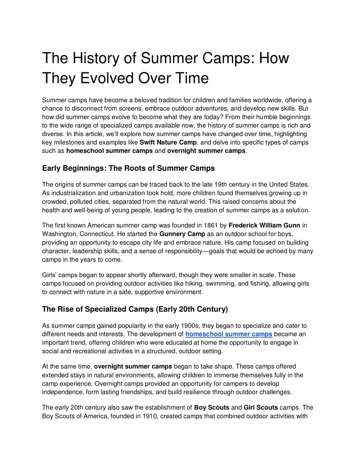 the history of summer camps how they evolved over n.w