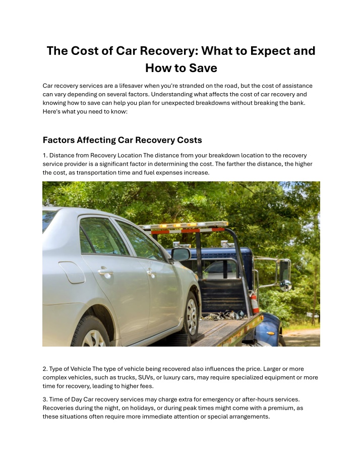 the cost of car recovery what to expect n.w