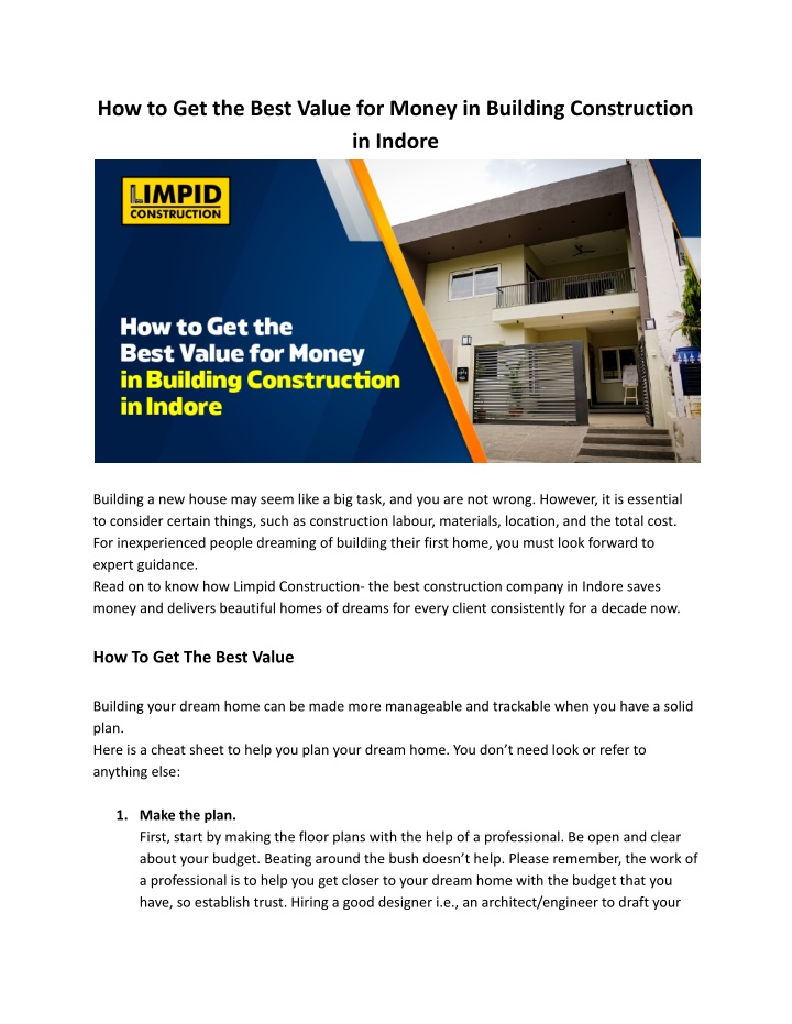 how to get the best value for money in building n.w