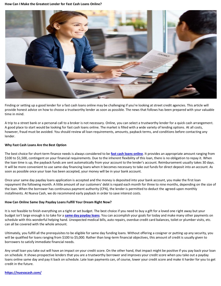 how can i make the greatest lender for fast cash n.w