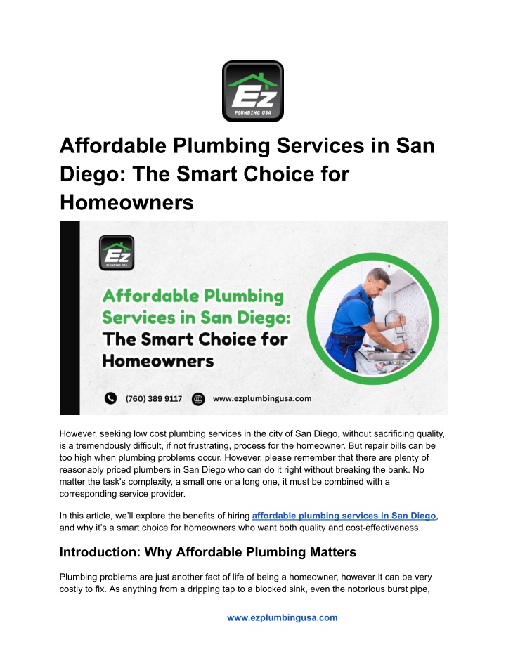 affordable plumbing services in san diego n.w