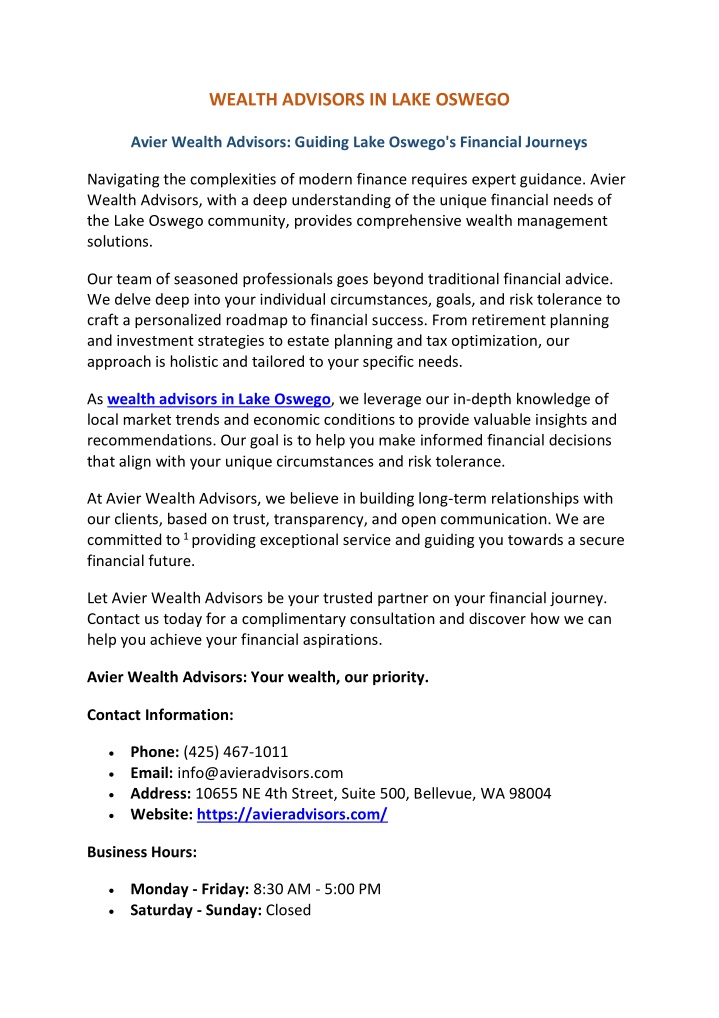 wealth advisors in lake oswego n.w