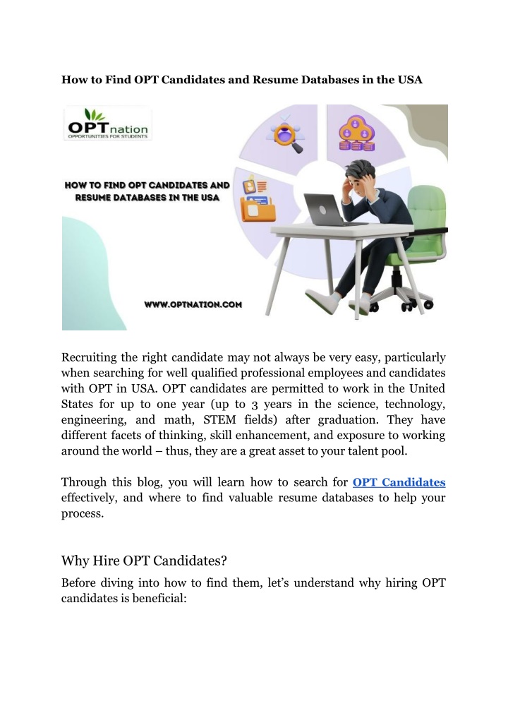 how to find opt candidates and resume databases n.w