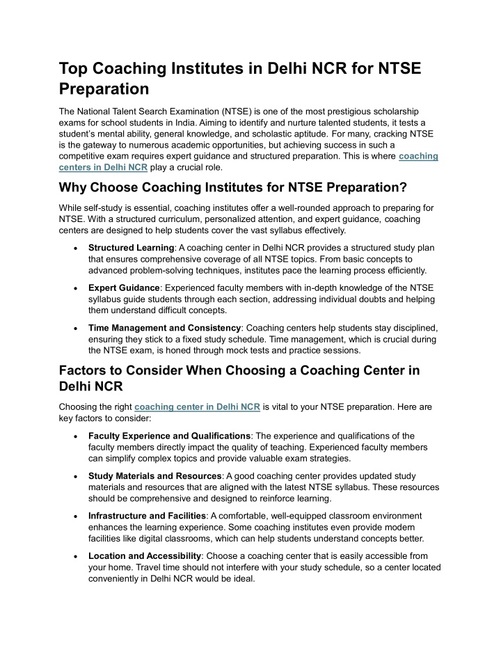 top coaching institutes in delhi ncr for ntse n.w