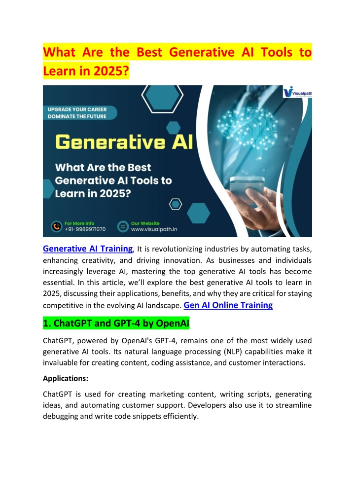 what are the best generative ai tools to learn n.w