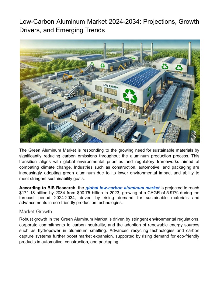 low carbon aluminum market 2024 2034 projections n.w