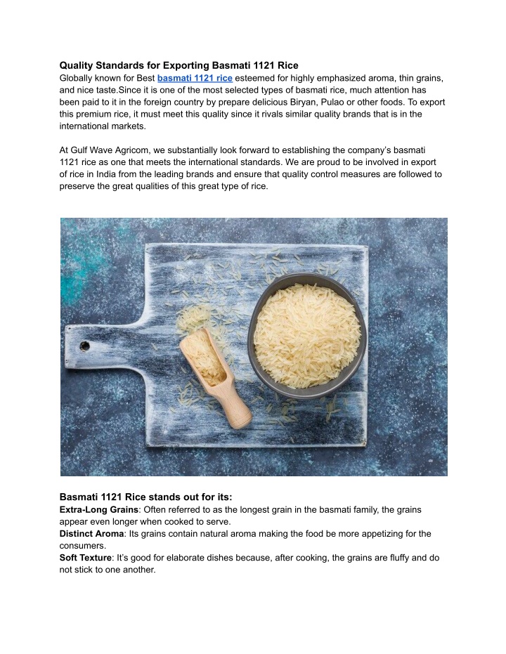 quality standards for exporting basmati 1121 rice n.w