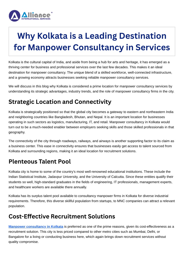 why kolkata is a leading destination for manpower n.w