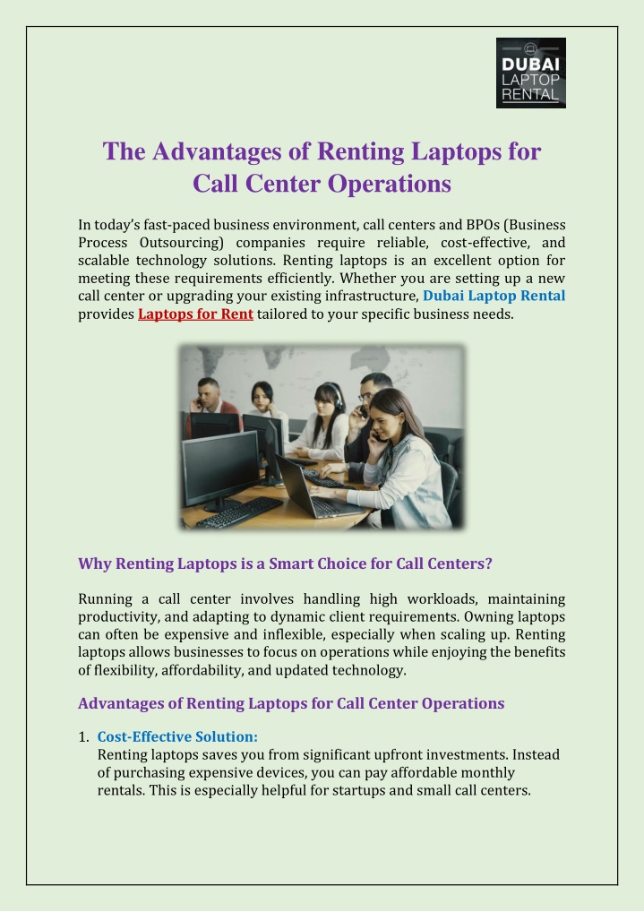the advantages of renting laptops for call center n.w