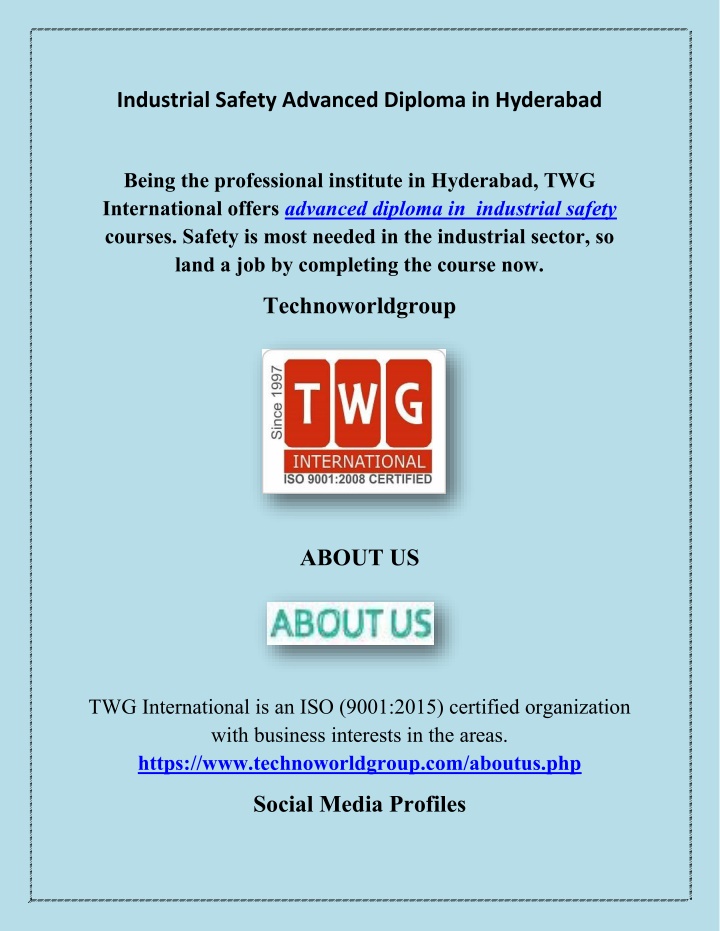industrial safety advanced diploma in hyderabad n.w