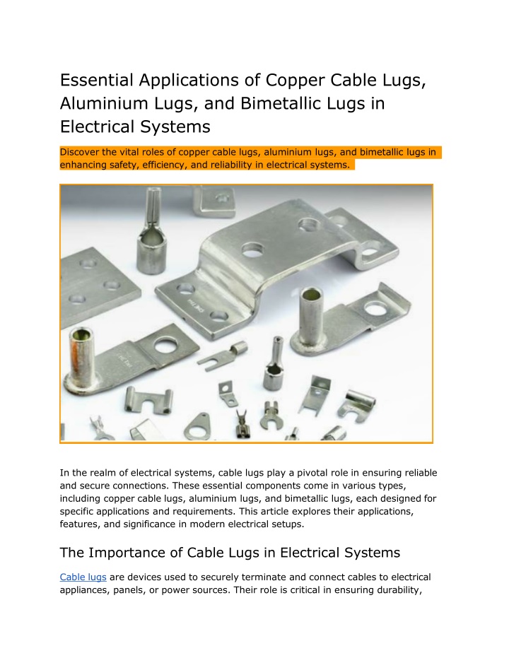 Essential Applications of Cable lugs and Bimetallic Lugs in Electrical Systems