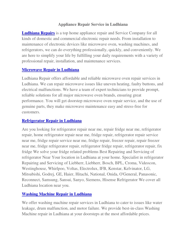appliance repair service in ludhiana n.w