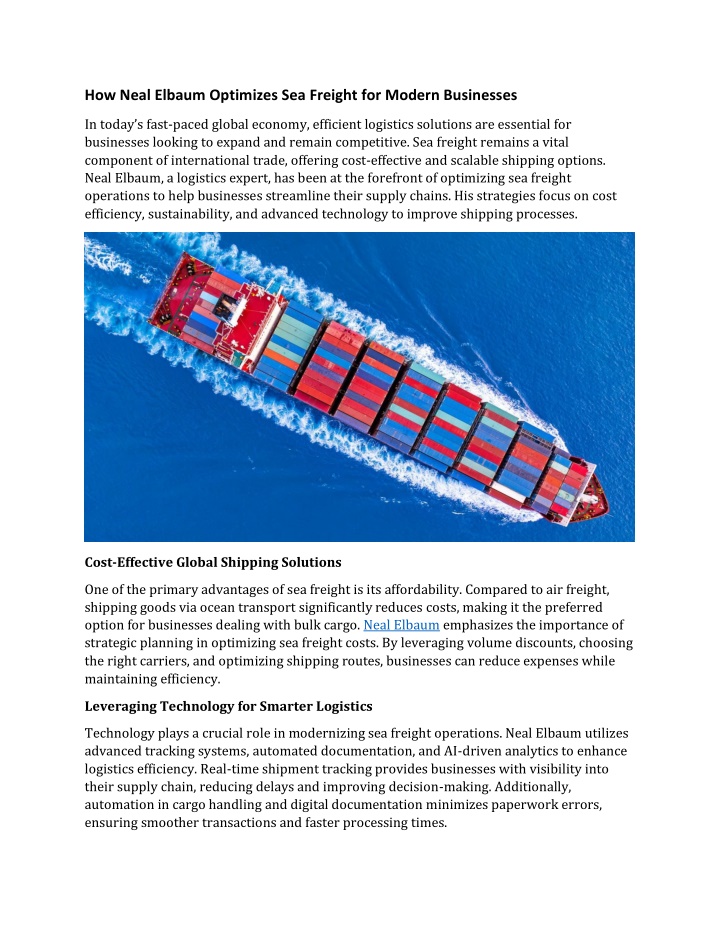 how neal elbaum optimizes sea freight for modern n.w
