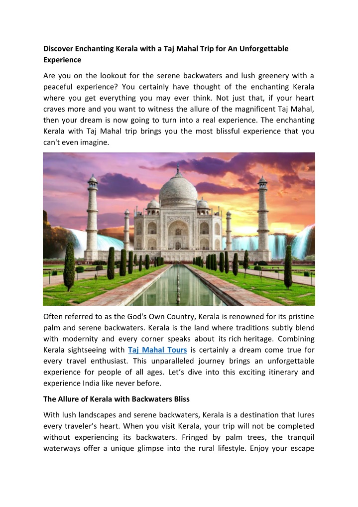 discover enchanting kerala with a taj mahal trip n.w
