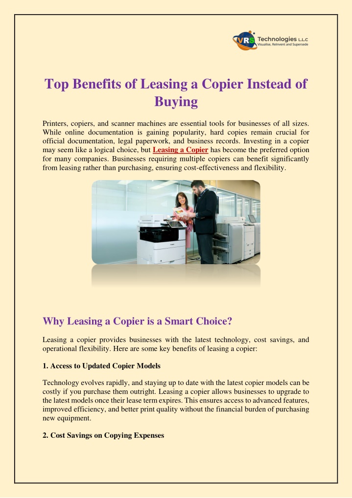 top benefits of leasing a copier instead of buying n.w