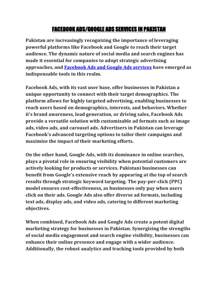 facebook ads google ads services in pakistan n.w