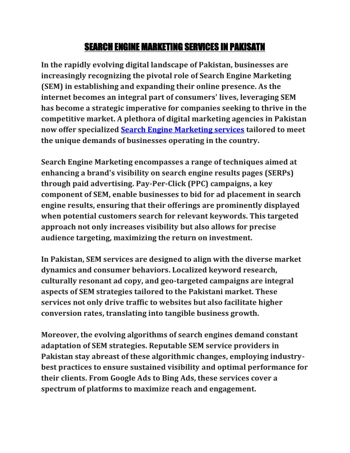 search engine marketing services in pakisatn n.w