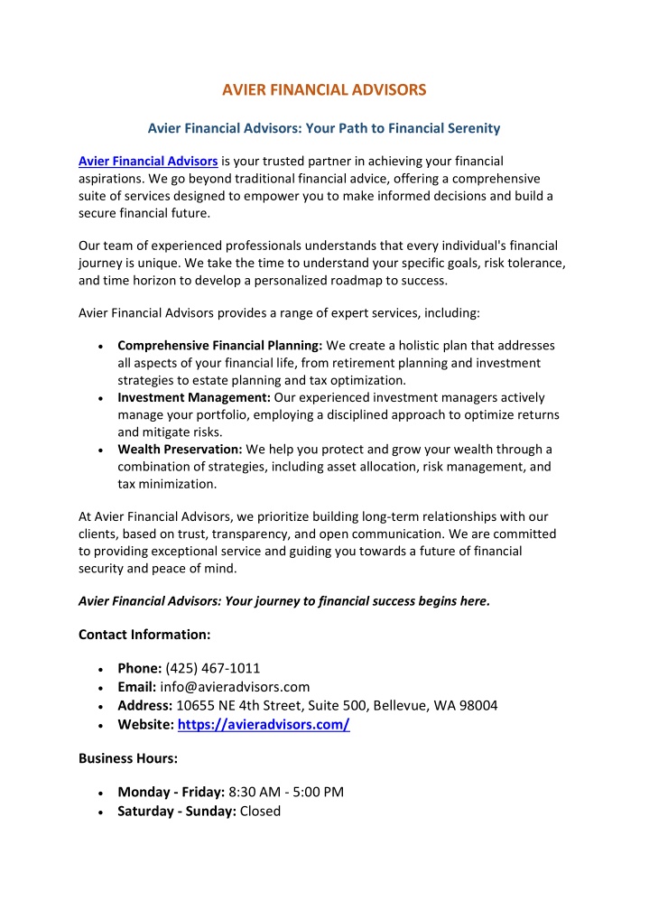 avier financial advisors n.w