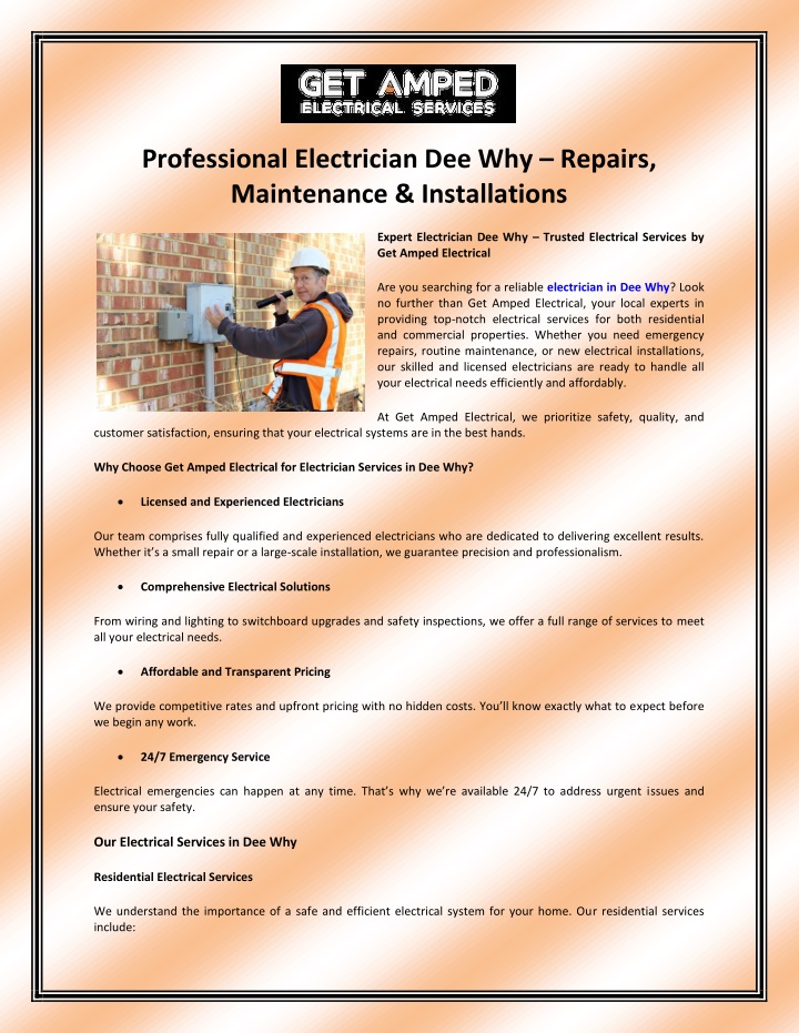 professional electrician dee why repairs n.w