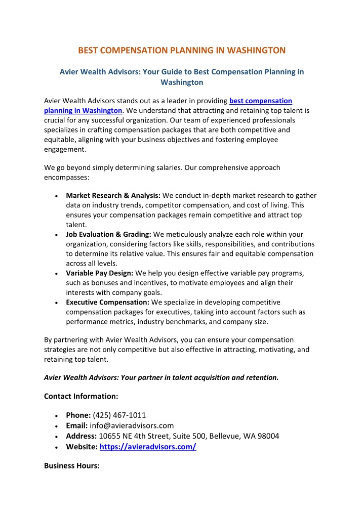 best compensation planning in washington n.w