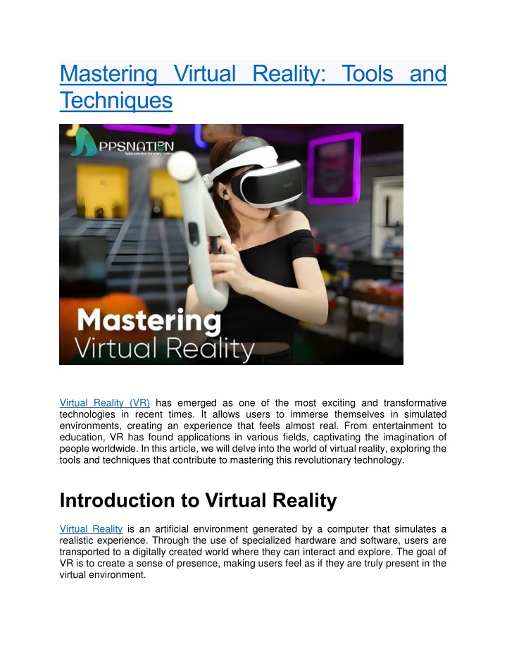 mastering virtual reality tools and techniques n.w