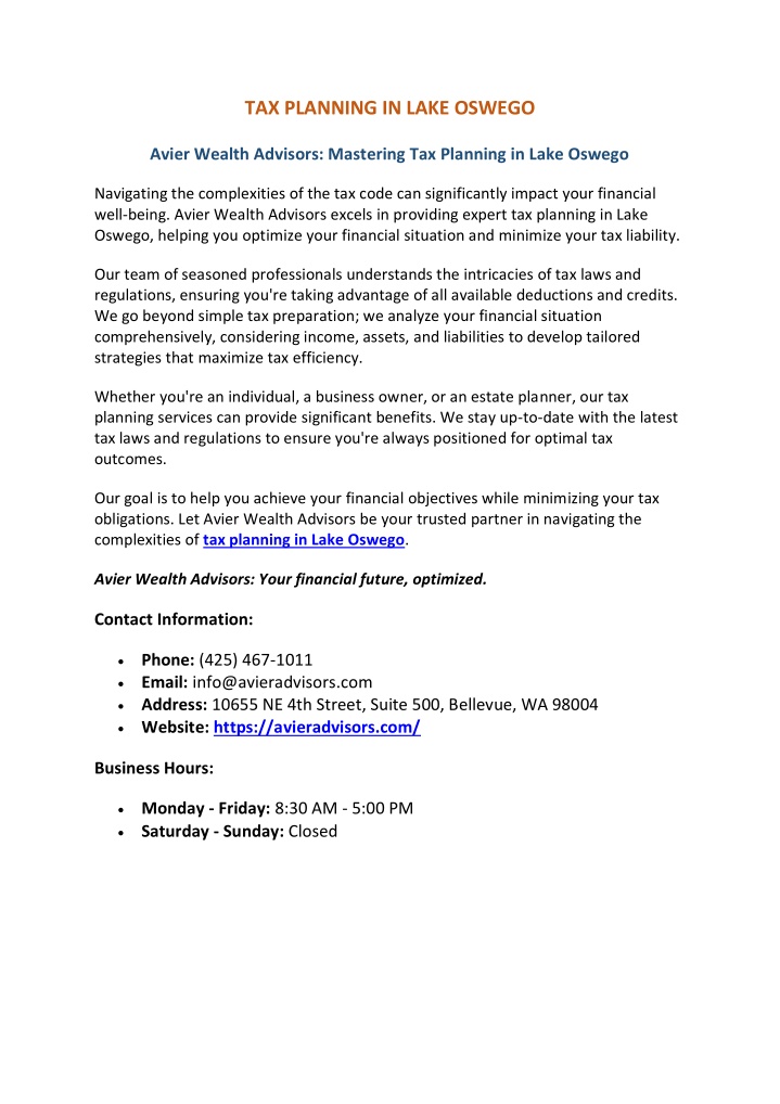 tax planning in lake oswego n.w