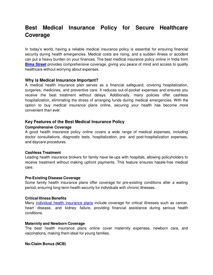 Best Medical Insurance Policy for Secure Healthcare Coverage