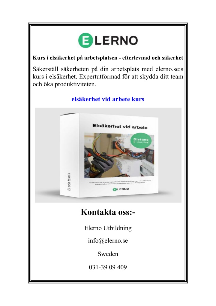 kurs i els kerhet p arbetsplatsen efterlevnad n.w