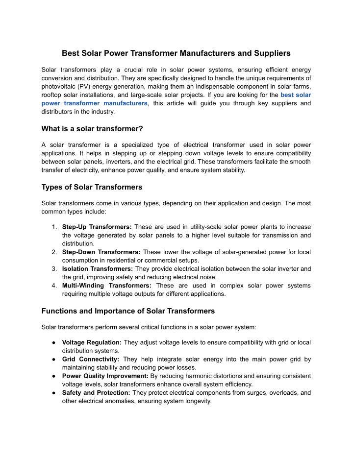 best solar power transformer manufacturers n.w