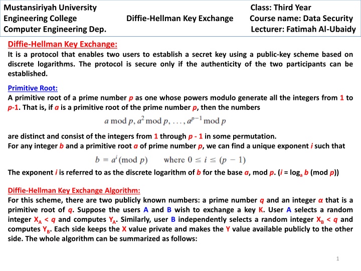 Diffie-Hellman Key Exchange Protocol in Data Security