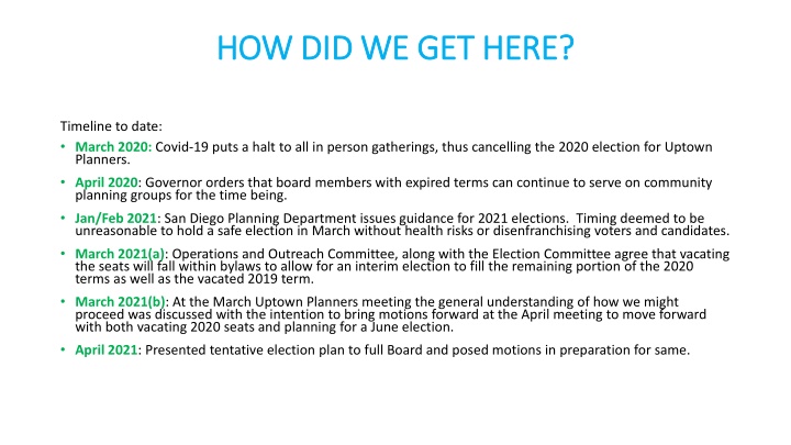 Timeline of Uptown Planners Election Process