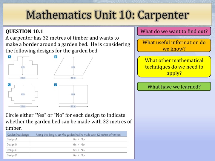 Mathematics Unit 10: Carpenter