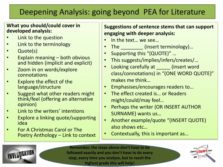 Deepening Analysis: going beyond  PEA for Literature