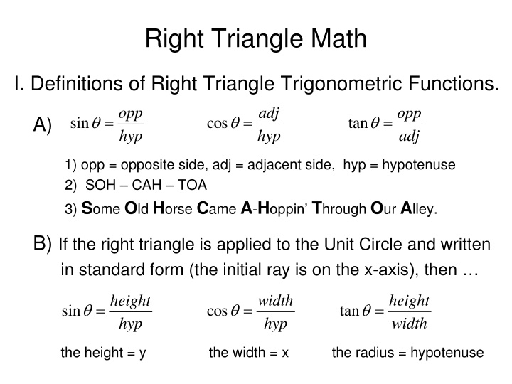 Definitions of Right Triangle Trigonometry