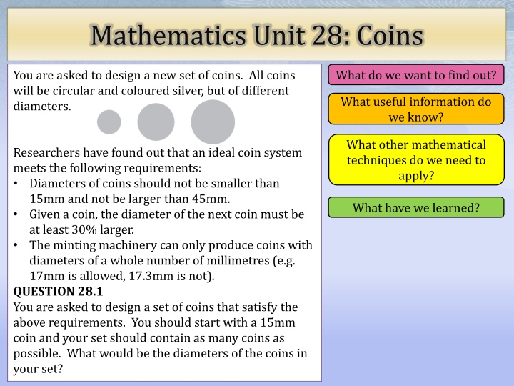 Mathematics Unit 28: Coins