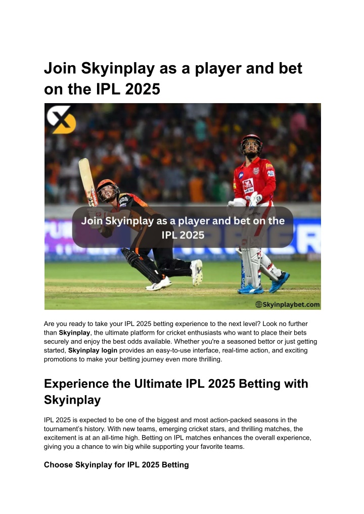 join skyinplay as a player and bet on the ipl 2025 n.w