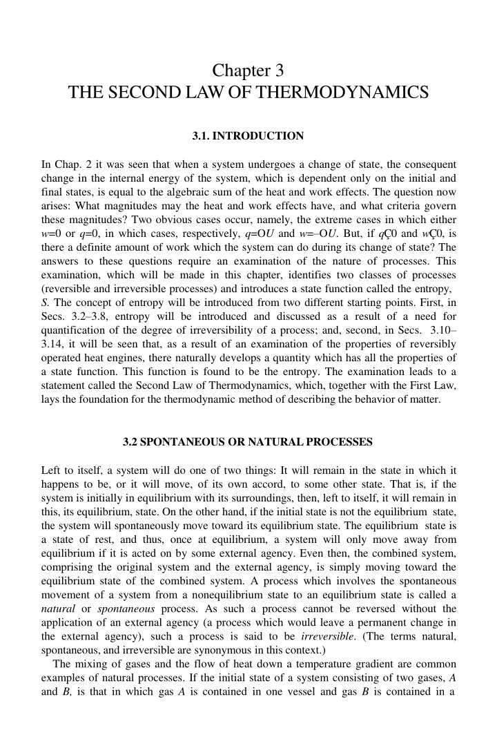 The Second Law of Thermodynamics and Spontaneous Processes