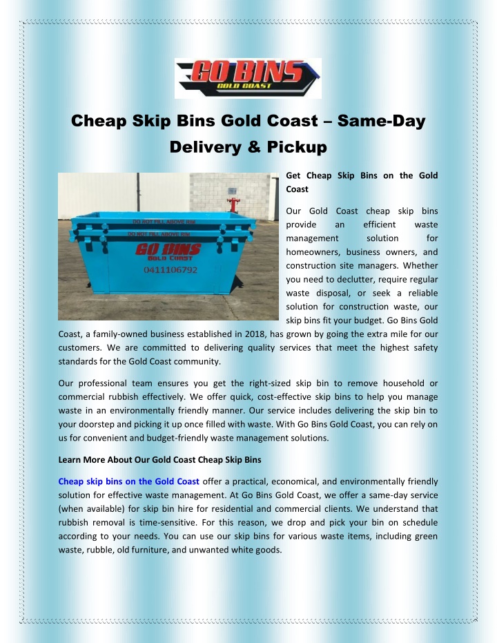 cheap skip bins gold coast same day delivery n.w