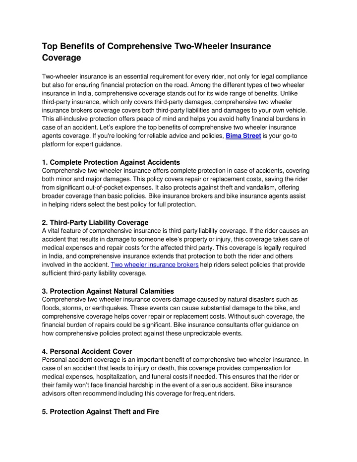 Top Benefits of Comprehensive Two-Wheeler Insurance Coverage