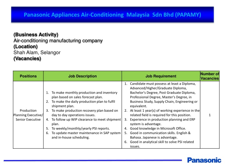 Job Opportunities at Panasonic Appliances Air-Conditioning Malaysia