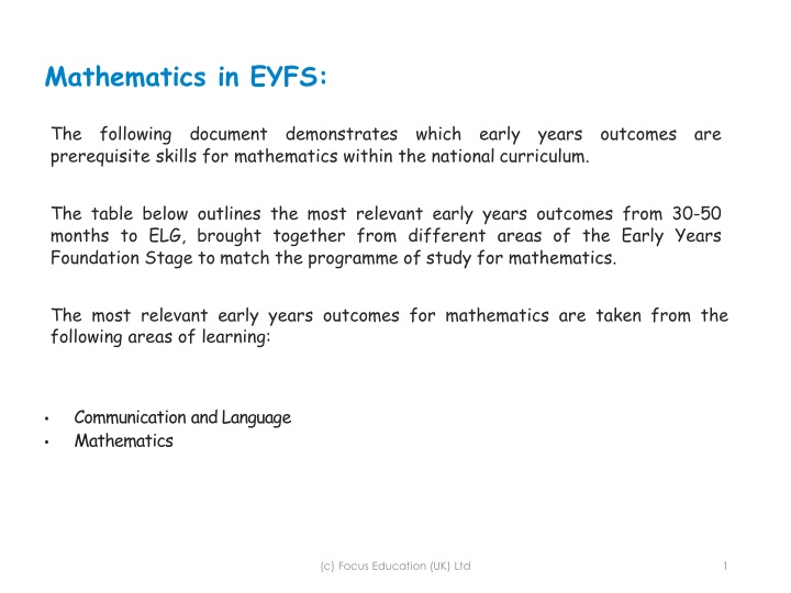Mathematics Outcomes in Early Years Foundation Stage