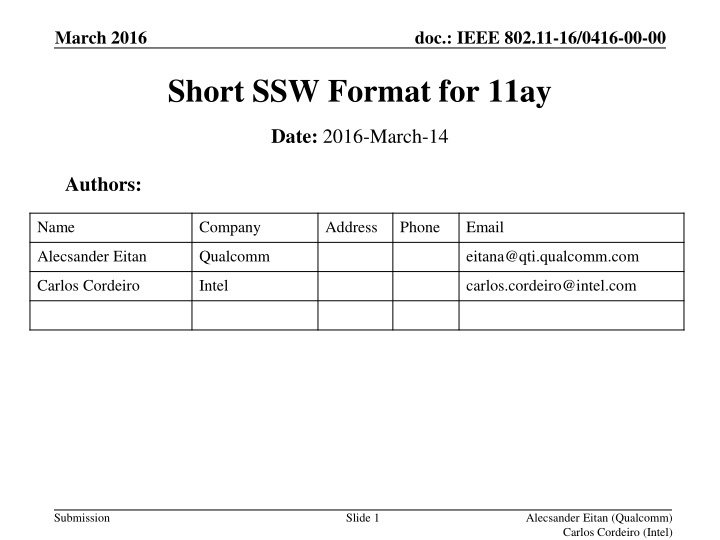 IEEE 802.11-16/0416-00-00 Short SSW Format for 11ay