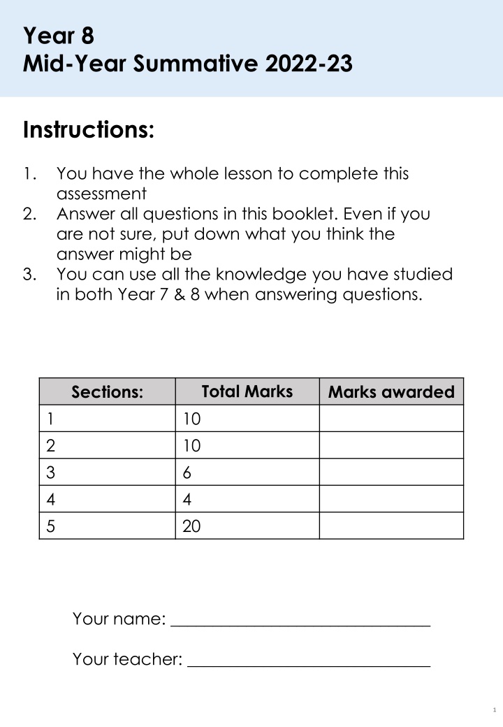 Year 8 Mid-Year Summative Assessment 2022-23