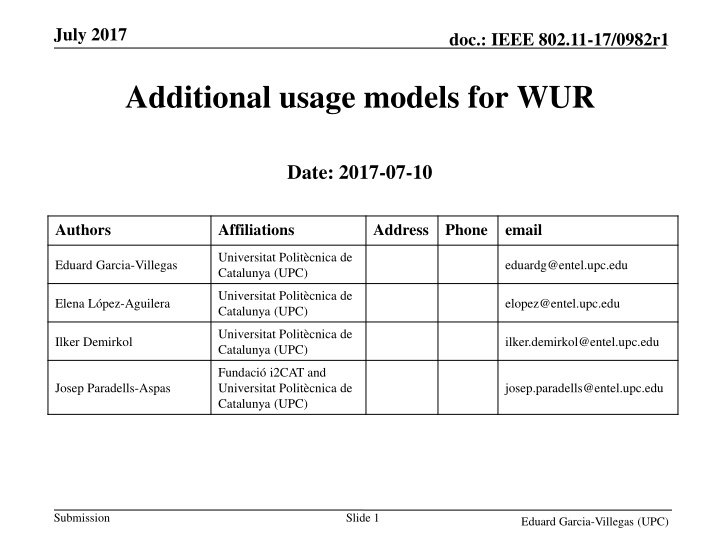 Additional Usage Models for WUR in IEEE 802.11-17