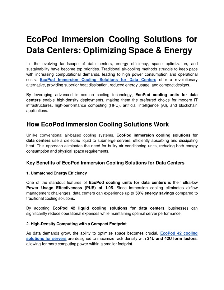 EcoPod Immersion Cooling Solutions for Data Centers: Optimizing Space & Energy
