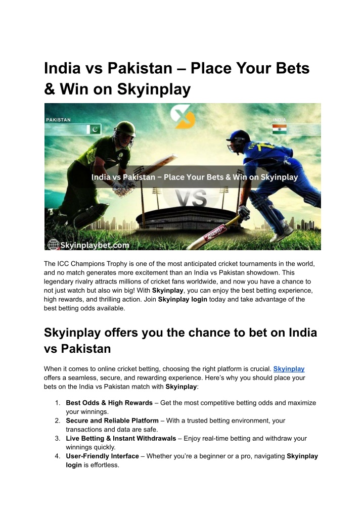 india vs pakistan place your bets win on skyinplay n.w