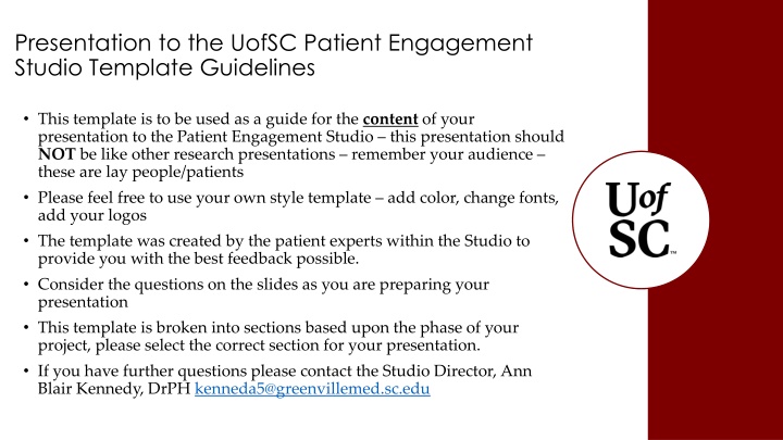 Presentation to the UofSC Patient Engagement  Studio Template Guidelines