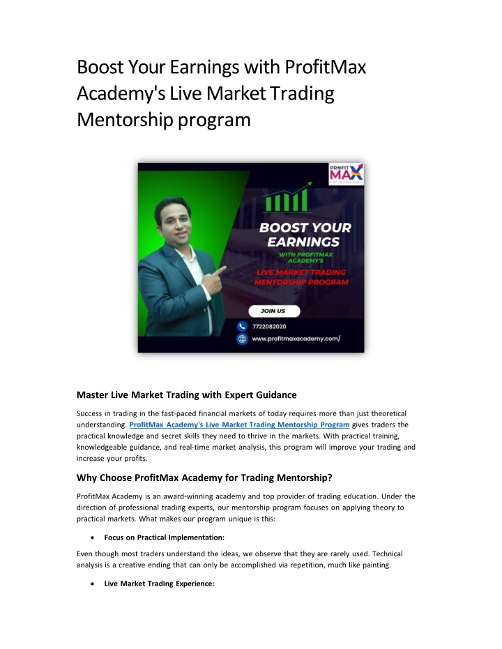 Boost Earnings with ProfitMax Academy's Live Market Trading Mentorship program