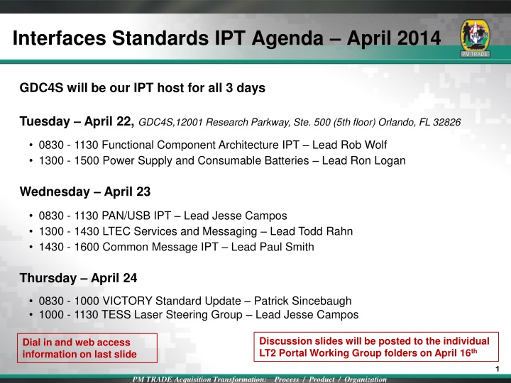 Interfaces Standards IPT Agenda April 2014: GDC4S Host