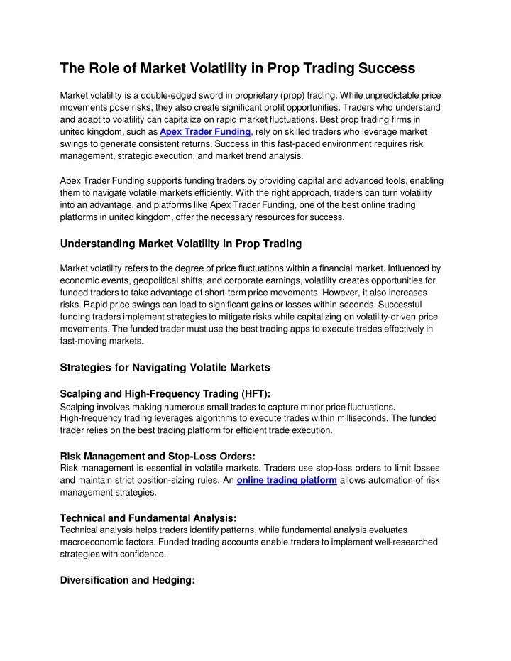 The Role of Market Volatility in Prop Trading Success